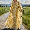 Womens Floral V-Neck High Waist Maxi Chiffon Dress Long Sleeve Loose Fit Daily Wear