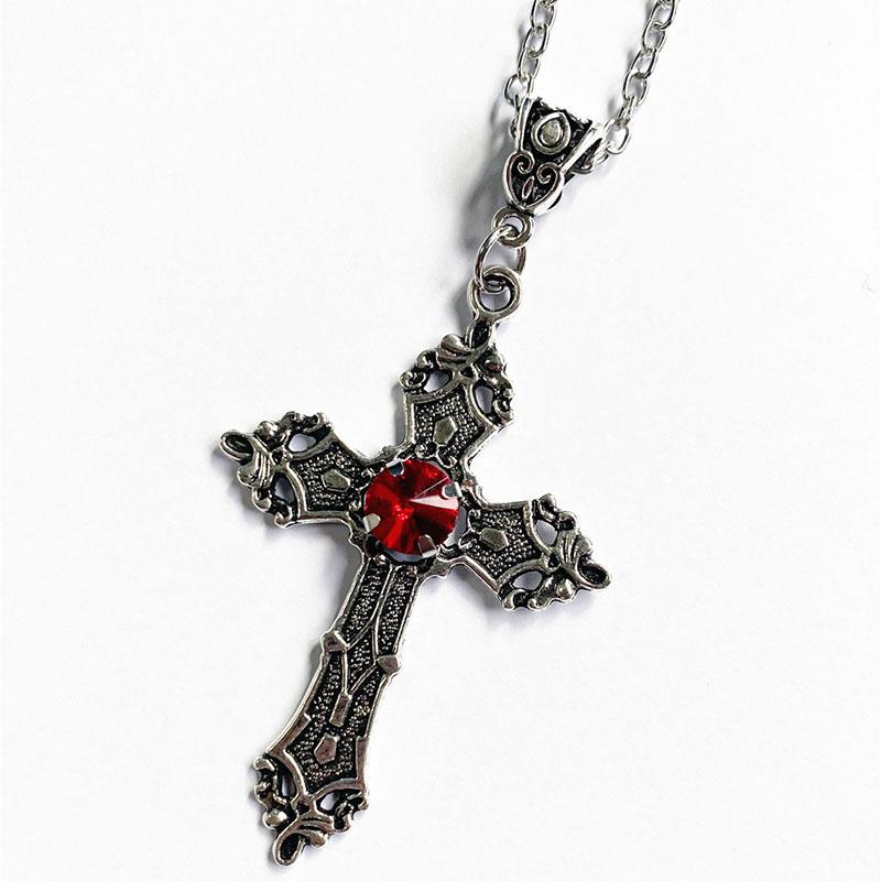 Adjustable Gothic Cross Pendant Necklace - Alloy Statement Jewelry with Rhinestone Detail, Punk Unisex Chain for Women and Men