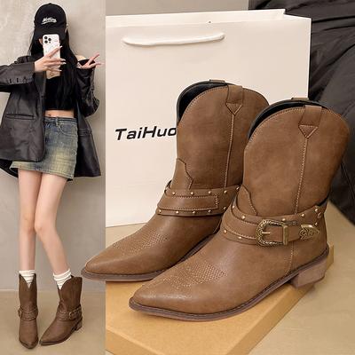 Мода 2025Женские полусапоги Ретро Ботильоны на устойчивом каблуке Роскошные Повседневные Кожаные Сапоги для Женщин Модные Западные Рыцарские Сапоги