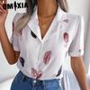 Women's Fashion Casual Summer Feather Print Short Sleeve Loose Suit Collar Blouses & Temperament Feather Shirts