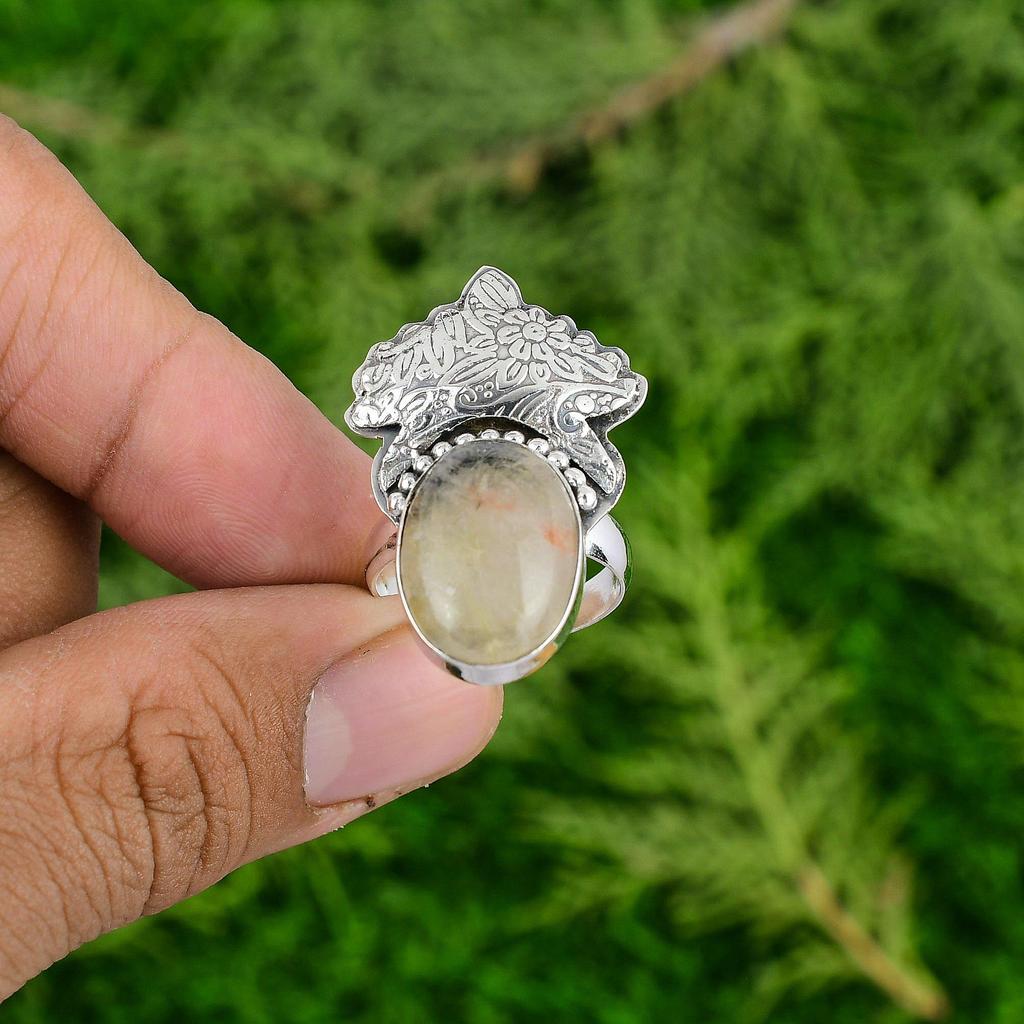 Golden Rutile Stone Promise Wedding Birthday Ring Jewelry 925 Sterling Silver