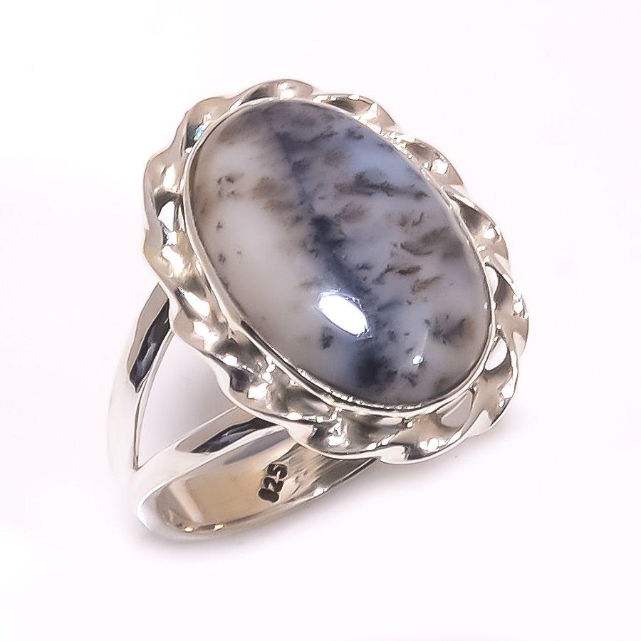 Кольцо из чистого серебра 925 пробы с натуральным опалом и дендритом ручной работы S.9 v4n03