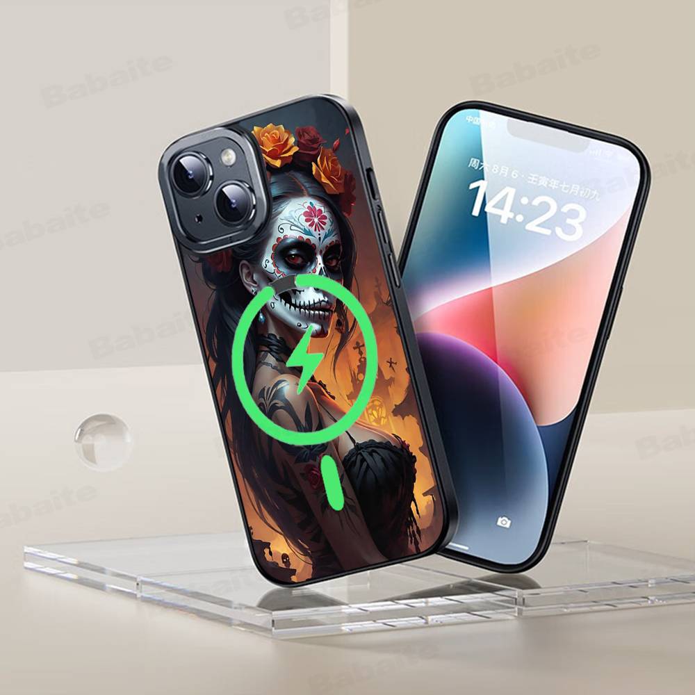 Чехол для телефона Catrina Красивая Девушка Роза Череп Магнитный Чехол Для iPhone 17 16 15 14 13 12 11 Для Magsafe Беспроводная Зарядка Чехол