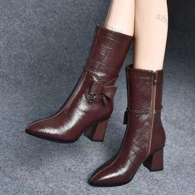 Женские высокие каблуки Снежные ботильоны Осень Зима Острый носок Боковая молния Массивная обувь Тренд Банты До середины икры Челси Ботильоны Ботас