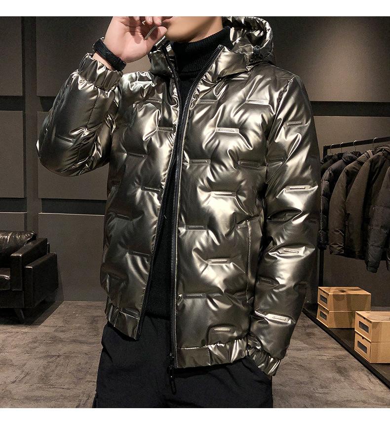 Мужской серебристый блестящий зимний пуховик, мужской теплый короткий белый утиный пух с капюшоном