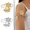Women Open Wristband Flower Decor Adjustable Rhinestone Decor Polished Metal Solid Color Wrist Cuff Exaggerated Party Prom Club Arm Jewelry Bracelet