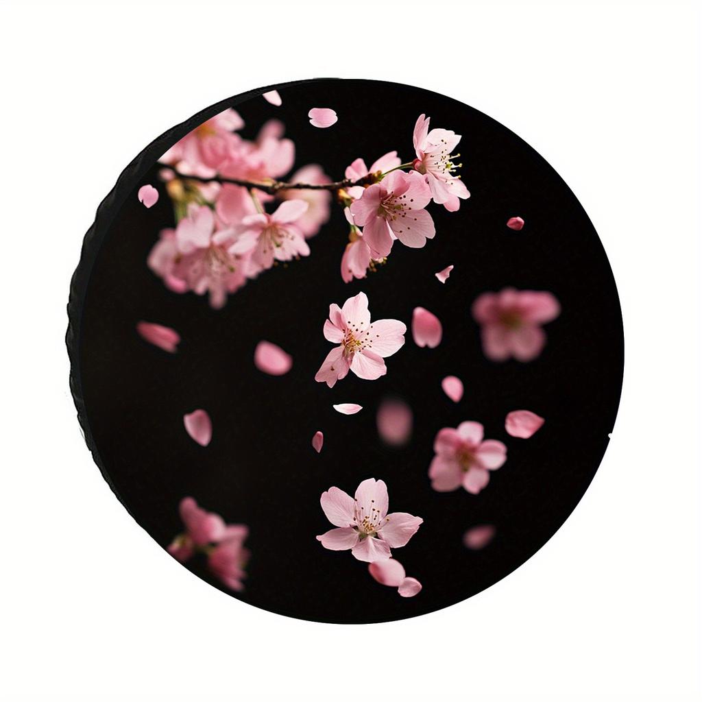 1pc Black Polyester Tire Cover Protector With Pink Cherry Blossom Floral Design - UV & Dust Resistant, Weatherproof Fit For Cars