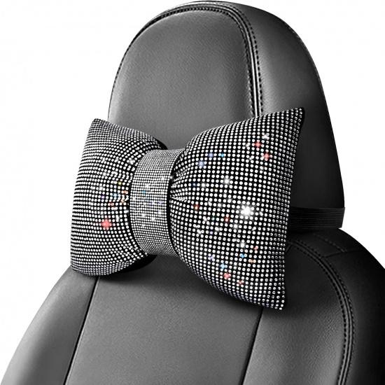 Surpassme 2PCS Rhinestone Car Headrest Neck Pillow For Driving With Bling Bling Crystal Bow Pillow Car Accessories For Women (Silver/White)