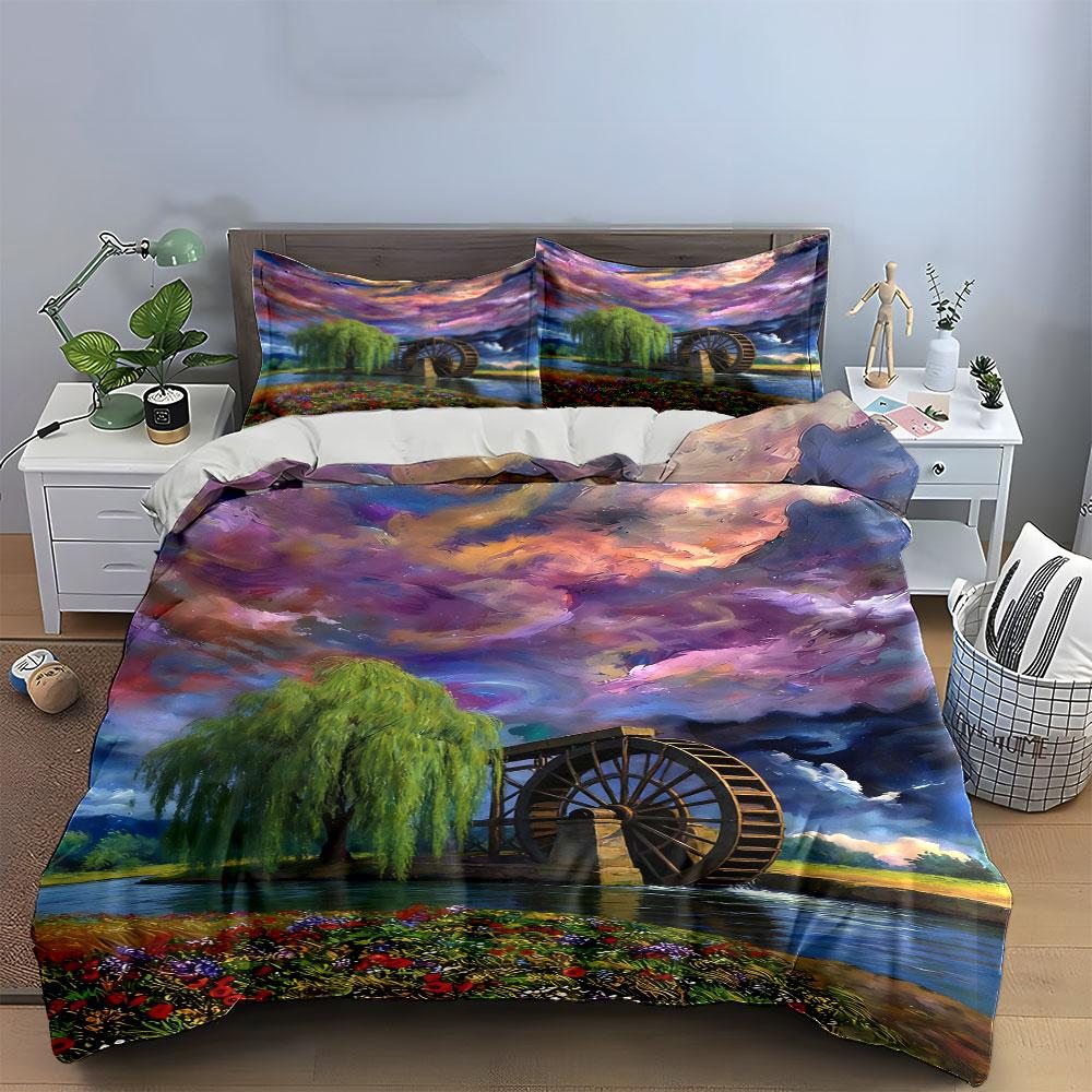Willow tree and waterwheel. Bedding sets Duvet cover sets Duvet covers Pillowcases(1 * Duvet Cover 2 * Pillowcases without duvet insert)