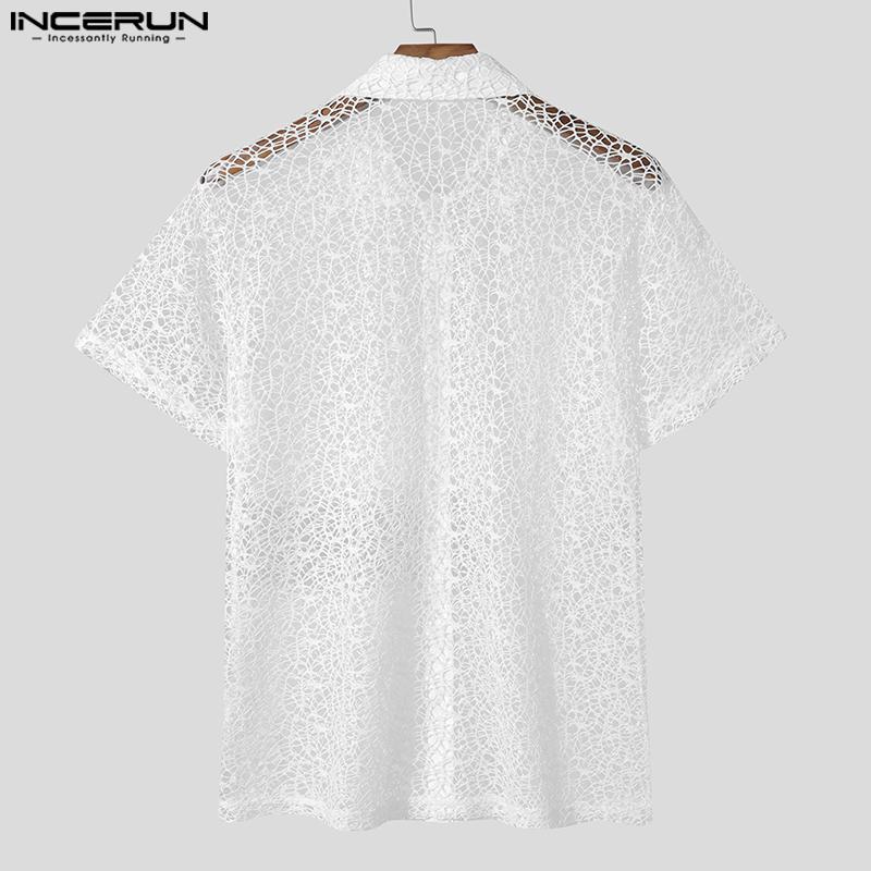 INCERUN Мужские летние пляжные рубашки с коротким рукавом из вязаной крючком ажурной пряжи