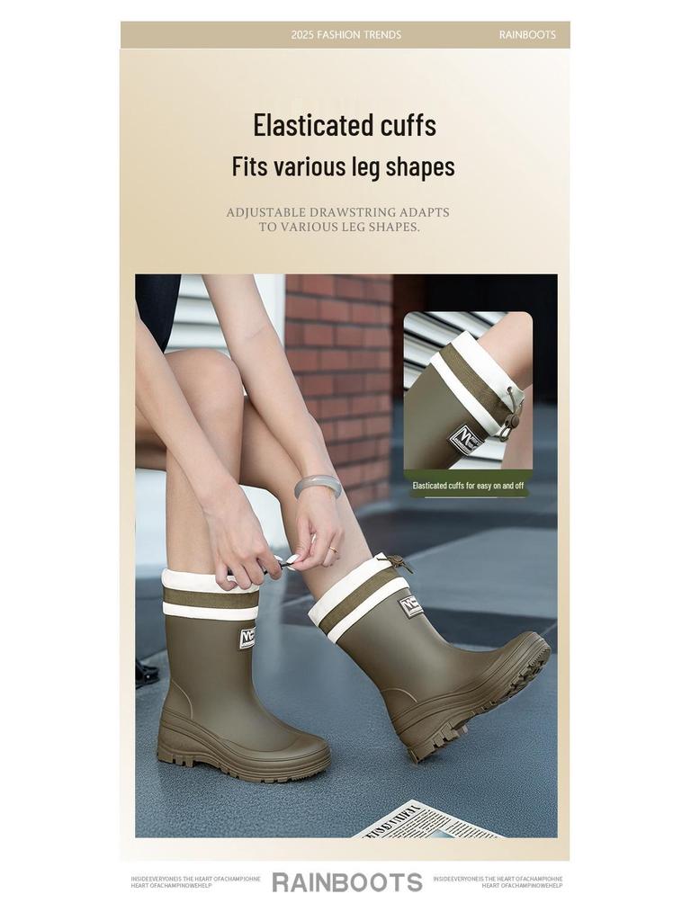 Женские водонепроницаемые резиновые сапоги до середины икры с бархатной подкладкой: Кулиска, Износостойкий, Нескользящая резина для трансграничной моды