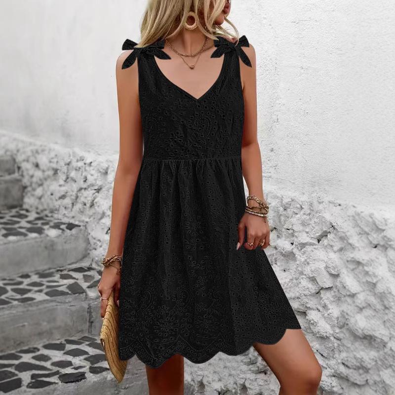 Женское летнее платье-комбинация с жаккардовой вышивкой, темпераментное платье без рукавов с V-образным вырезом и открытыми плечами