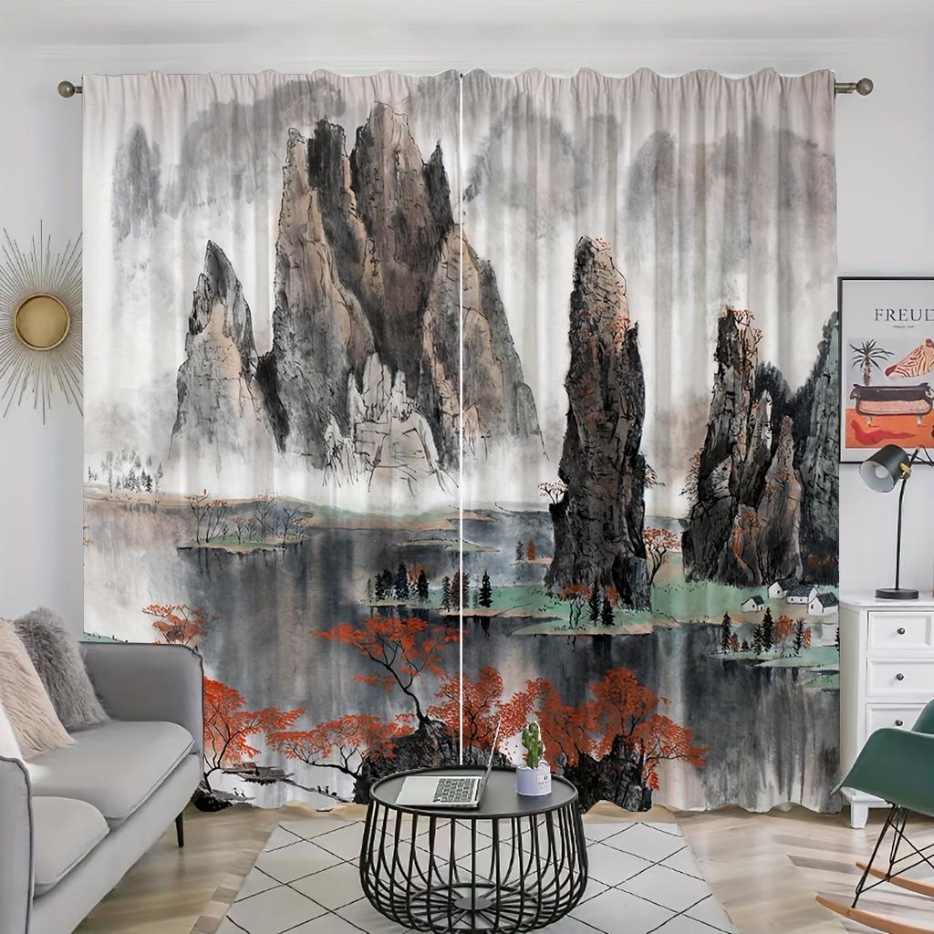 2pcs Chinese Mountain Lnk Painting Print Curtain, Digital Printing Curtains for Living Room Bedroom Kitchen Study, Home Decor
