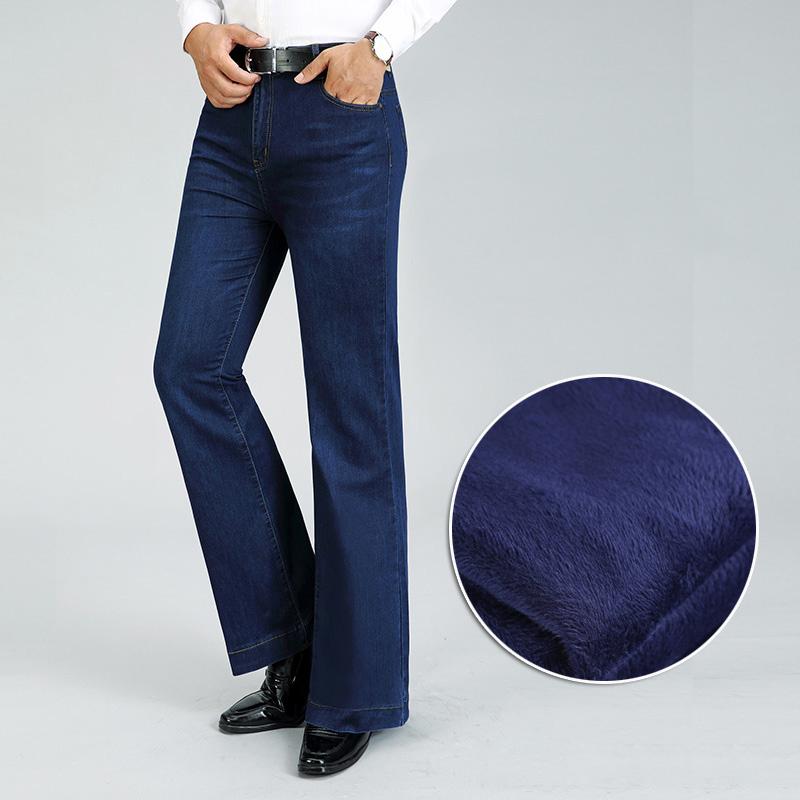 Мужские зимние флисовые джинсы буткат средней посадки Мужские эластичные расклешенные джинсы средней посадки