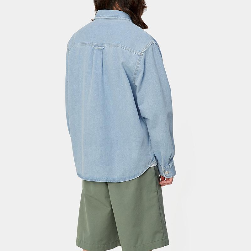 Carhartt WIP Рубашка-жакет Harvey Стирка Застежка на пуговицах Квадратная этикетка Джинсовая куртка Мужские куртки Светло-синий I033346-01-12
