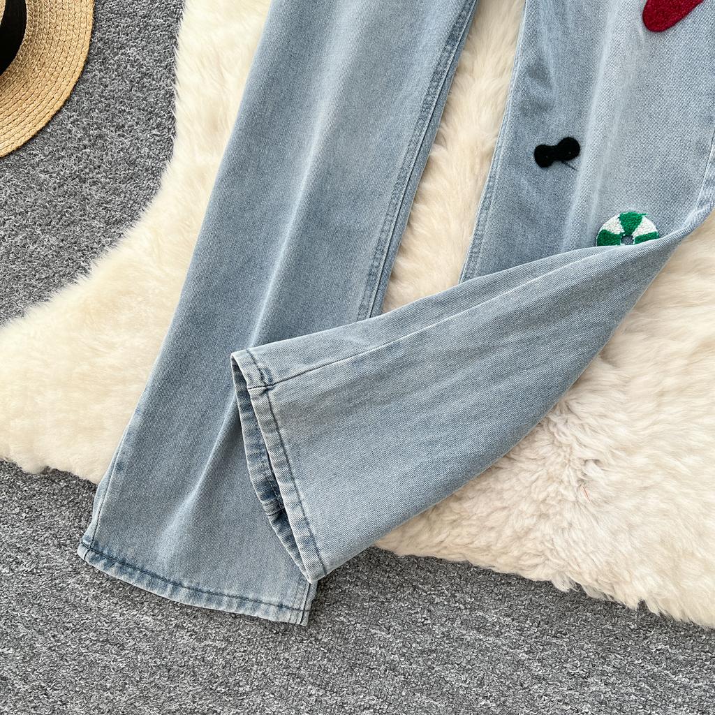 Женские модные вышитые прямые джинсы с высокой талией, повседневные джинсы полной длины с карманом