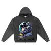 DTG Print Knitted Denim Zip-Up Hoodie Cartoon Graphic Brother Print Zipper Hoodies  