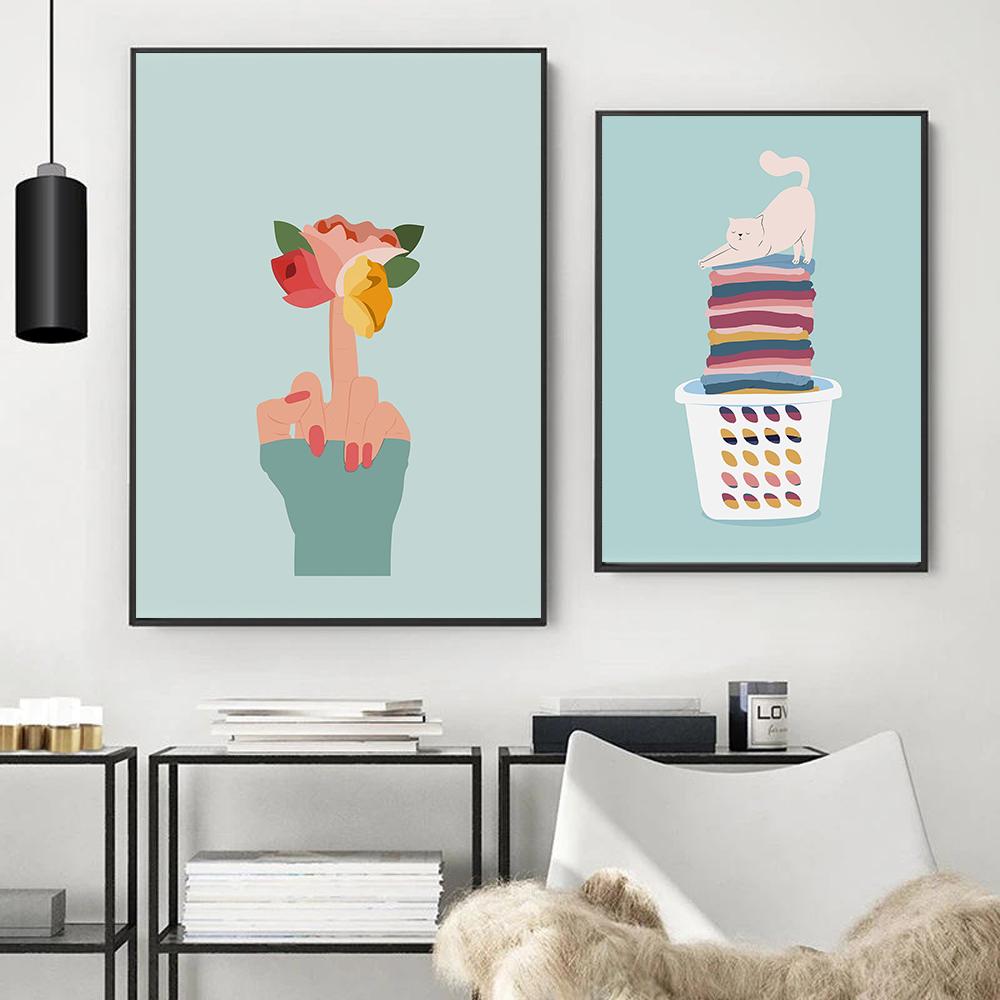 Nordic Posters Woman Reading Book Coffee Abstract Wall Art Print Canvas Painting Decor Cat Laundry Art Pictures For Living Room