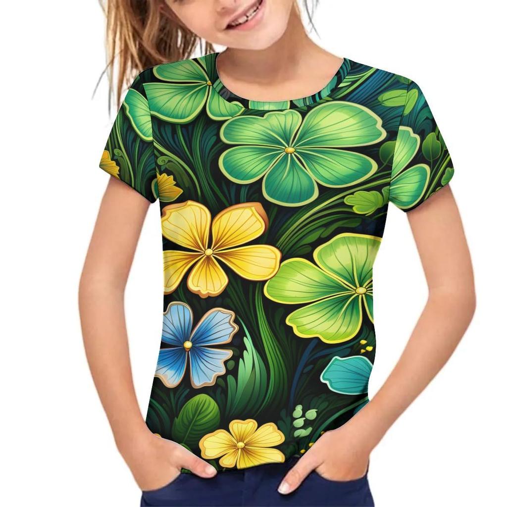 Детская футболка с 3D-принтом, детская футболка с коротким рукавом, свободный топ для девочек, 3D футболка с изображением свежего клевера