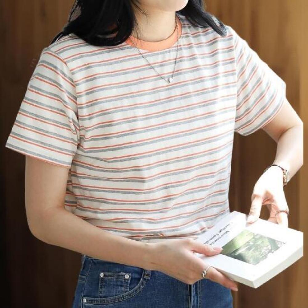 New Arrivals Open Run Women STripe Round Neck ShorT Sleeve T shirT coTTon