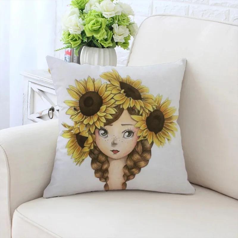 Роскошный домашний декор, наволочка для автомобиля, гостиной, дивана, чехол для подушки с рисунком подсолнуха и девушки