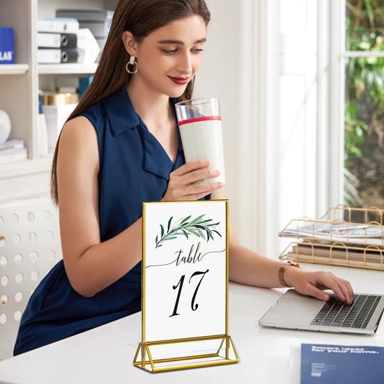 Акриловый держатель для знака, двухсторонняя золотая фоторамка, настольный держатель для знака, прозрачная подставка для флаера, меню, держатель для номера свадебного стола