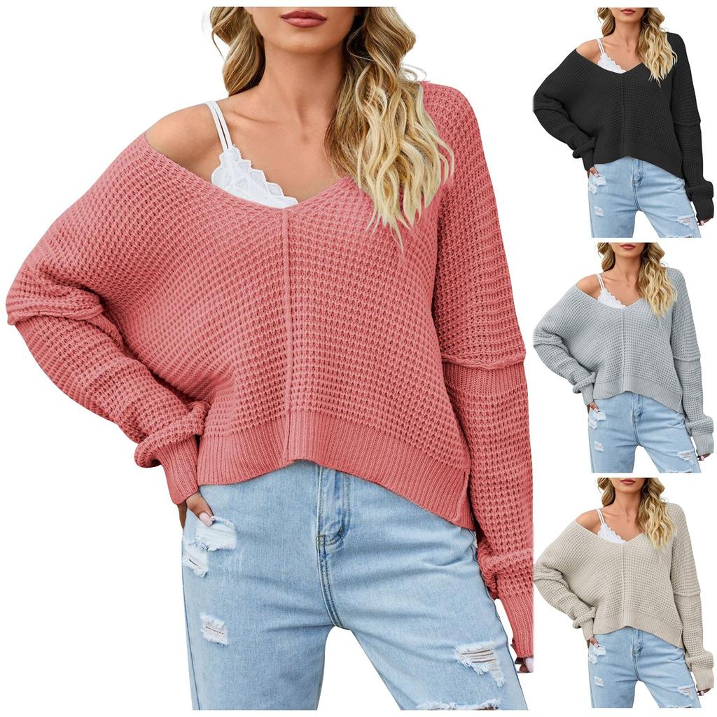 Women's Fashion V Neck Solid Color Off Shoulder Knitted Knitted Sweater Pullover Sweater Long Sleeved Top
