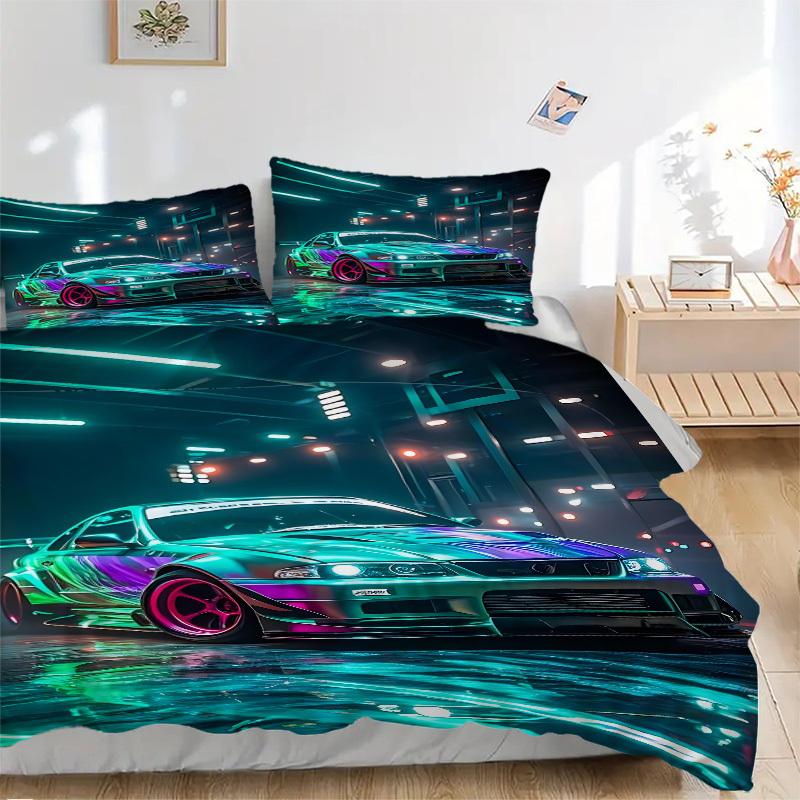 3pcs Neon Racing Bedding Set, Includes 1 Comforter + 2 Pillowcases, Without Pillow Inserts, Soft Comfortable, Lightweight Breathable, Printe