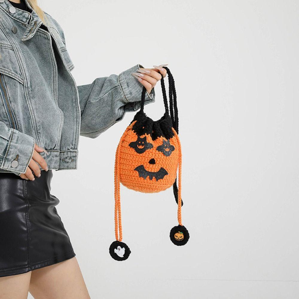 With Pendant Pumpkin Knit Handbag Bat Halloween Crochet Bag Fashion Halloween Shoulder Bag Gifts