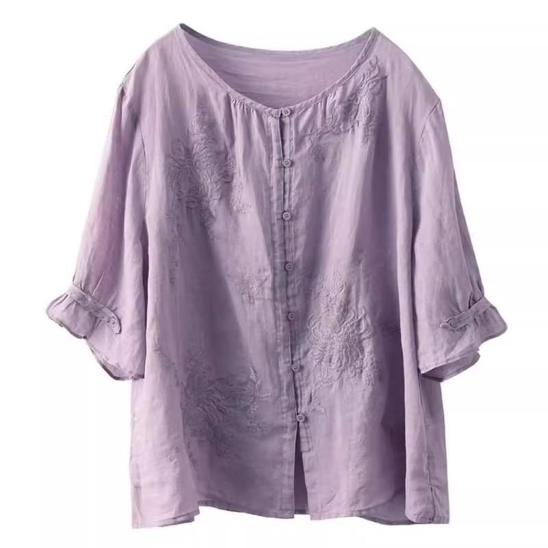 Johnature Women Chinese Style Embroidery Floral Shirts O-Neck Half Sleeve Tops Summer Loose Solid Color Shirts
