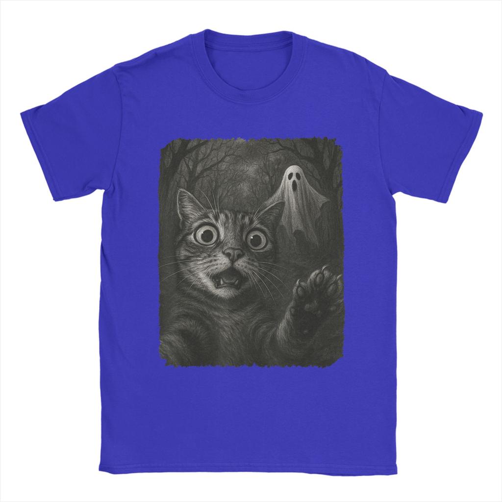 Men T-Shirt Cat Selfie with Spooky Ghost Funny 100% Cotton Tee Short Sleeve Funny Halloween T Shirts Round Neck Clothes Graphic