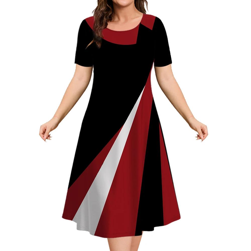 Летние платья для женщин Лоскутные принты Клетчатая одежда Столкновение цветов Вечернее платье Простой короткий рукав пуловер А-силуэт юбка