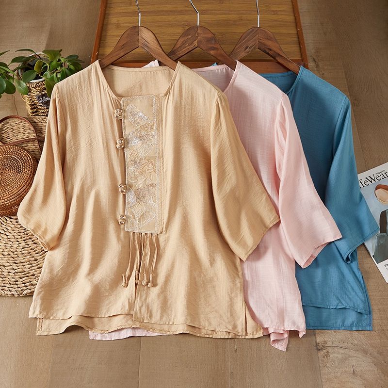 New Ethnic Style Retro Ramie Shirt Women's Summer Round Neck Short-sleeved Top Diagonal Embroidered Tea Clothes