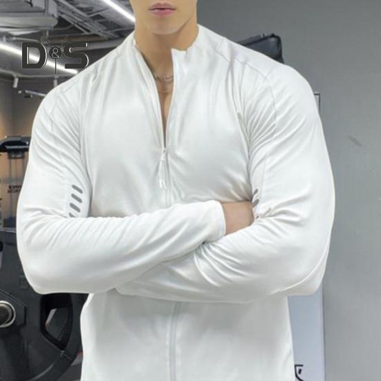 Мужское спортивное пальто с воротником-стойкой, эластичное впитывающее пот, мягкое, дышащее, быстросохнущее, однотонное, на молнии, с длинным рукавом, солнцезащитное пальто для бега в тренажерном зале