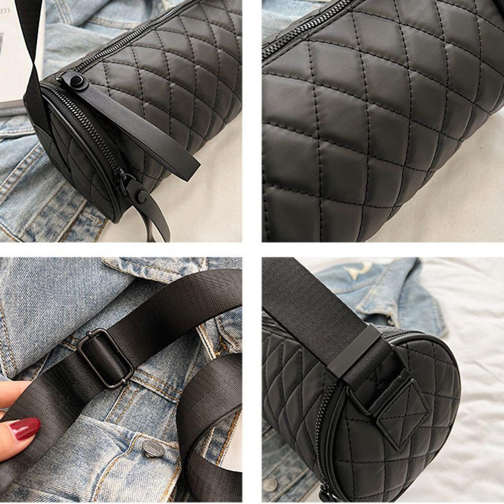 Fashionable Elegant Nylon Shoulder Bag Korean Style Solid Color Rhombus Crossbody Bag Plaid Handbag Cylinder Bag Lady