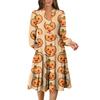 Women's V-Neck Flowing Layered Bohemian Long Sleeve Halloween Print Dress