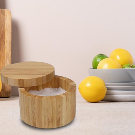 Солонка из бамбука, банка для приправ со встроенными ложками, контейнер для соли для кухни, вращающаяся крышка, коробка для специй для столешницы