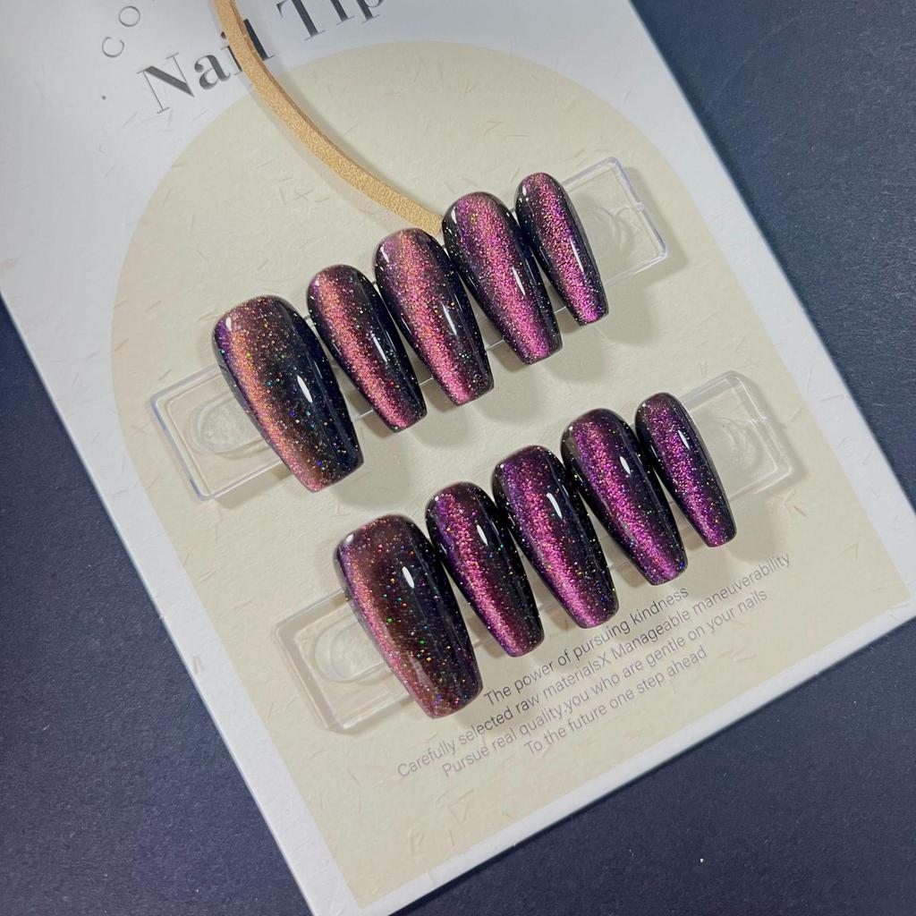 Ногти «Кошачий глаз» ручной работы «Аврора Звездное небо»: Европейский и американский стиль, длинный, элегантный, с отбеливающим светотерапевтическим эффектом.