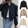 Sleeves Stand Collar Solid Color Button Closure Drop Shoulder Large Pocket Short Ladies Female Bomber Cropped Coat