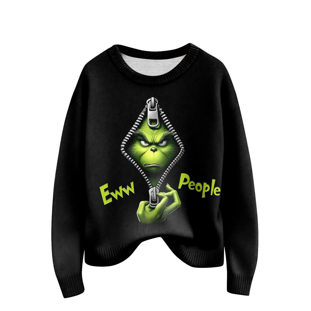 Long Sleeve Pullover Sweaters For Women O Neck Casual Cute Printing Knit Oversized Sweater