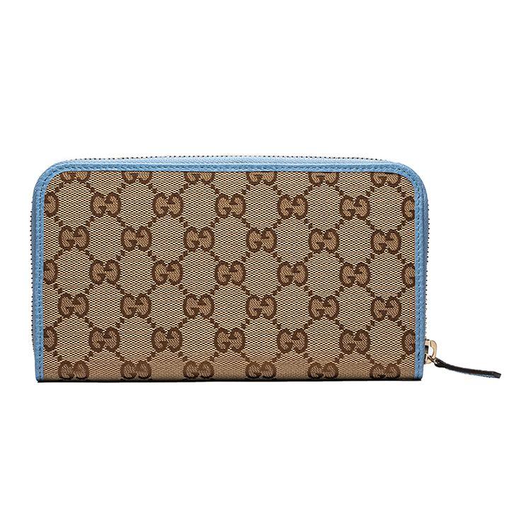 Gucci Monogram Logo Color Block Trim Canvas And Leather Long Zip Wallet Women wallet Ebony Blue Candy-Color 363423-KY9LG-8611