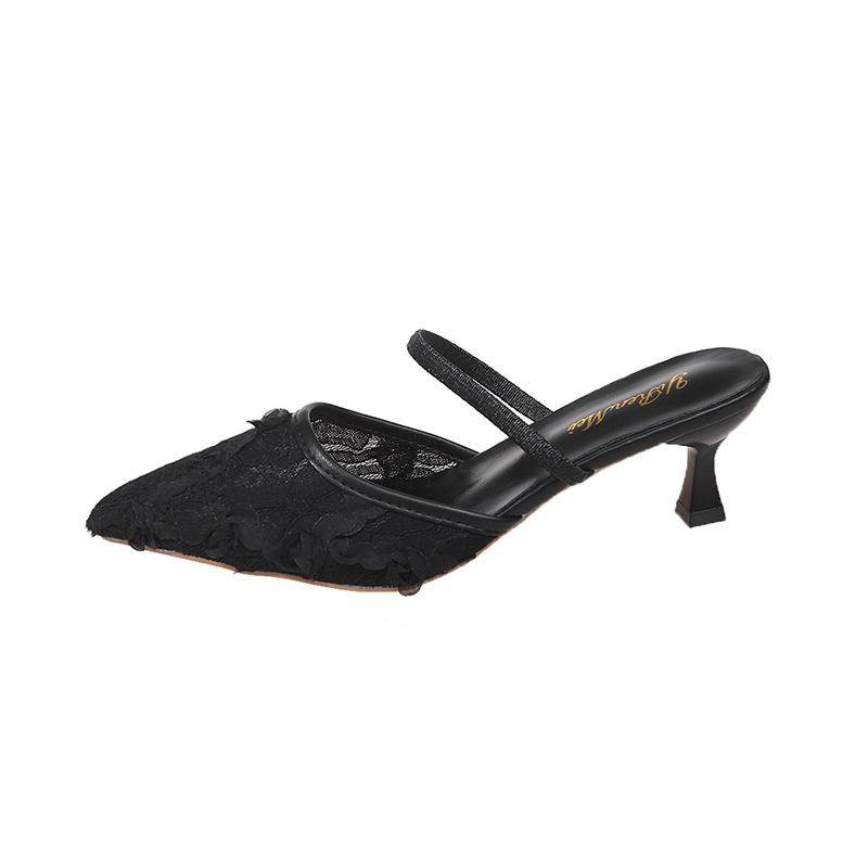 Универсальные крутые тапочки 2025 лето новинка кружево дышащие остроносые сумка голова полутапочки женские носят на высоком каблуке крутые тапочки