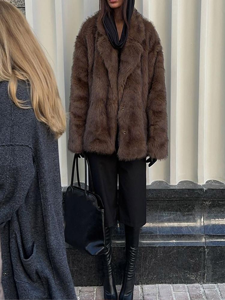 Однотонное плюшевое пальто с лацканами из искусственного меха - Удобная, теплая осенне-зимняя мода