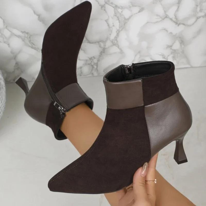 2024 Осенние ботильоны на высоком каблуке, женские ботинки с леопардовым принтом больших размеров, женские туфли с острым носком в стиле ретро, с боковой молнией