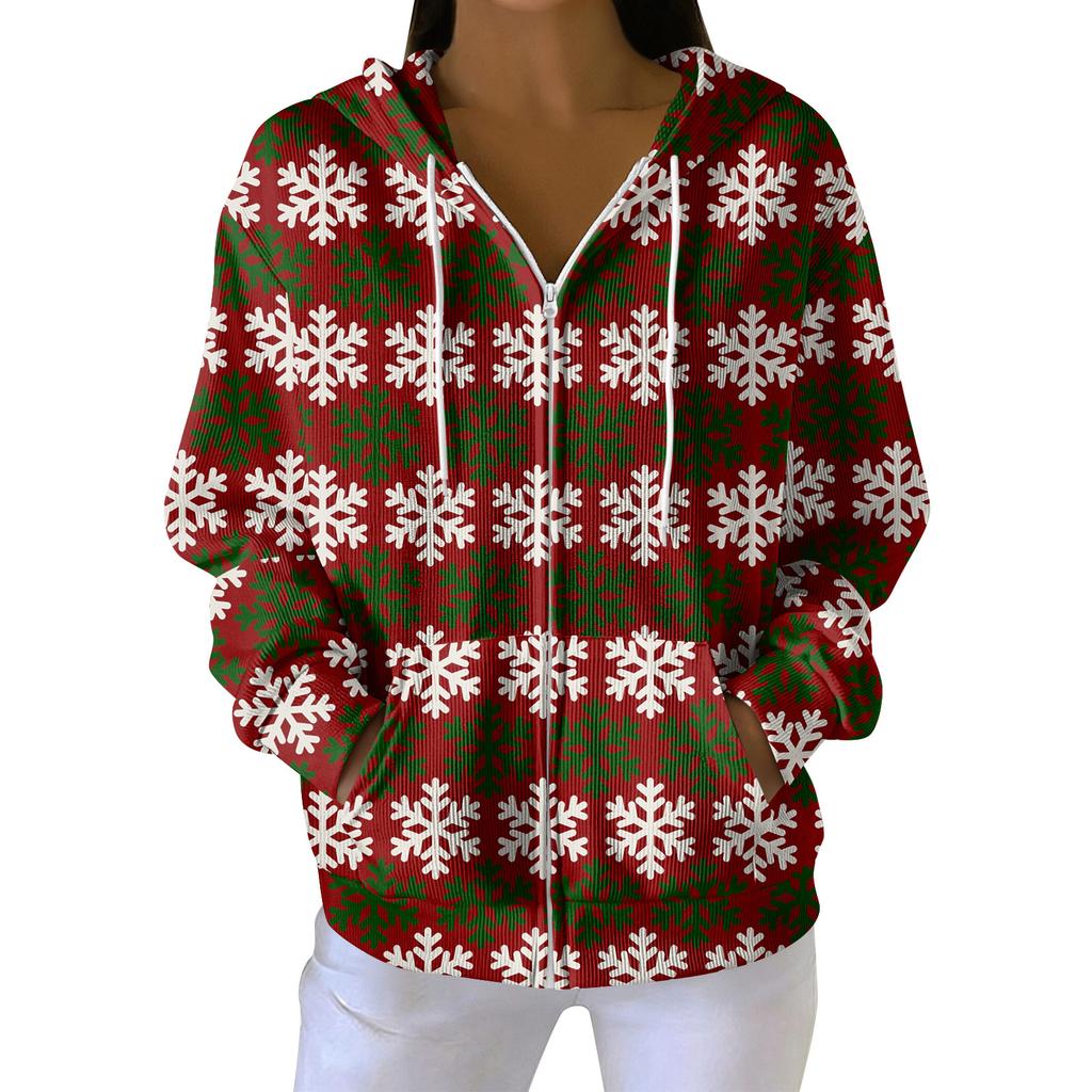 Женская повседневная модная вязаная толстовка с длинными рукавами и застежкой-молнией, с рождественским принтом