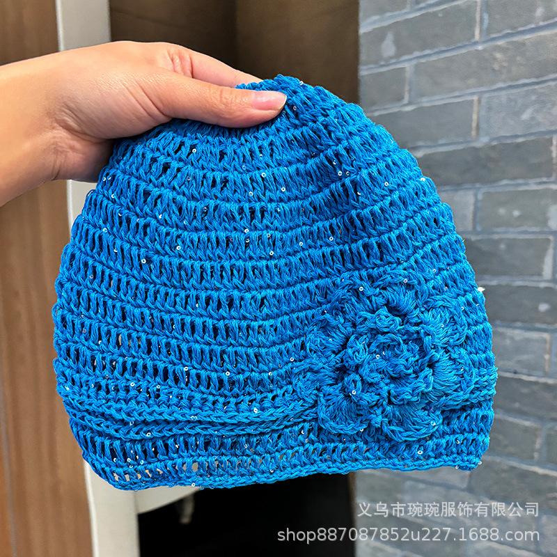 Spring Flower Baotou Hat Spice Girl Hollow Breathable Cool Handmade Knitted Sleeve Cold Hat Sequined Wool Hat