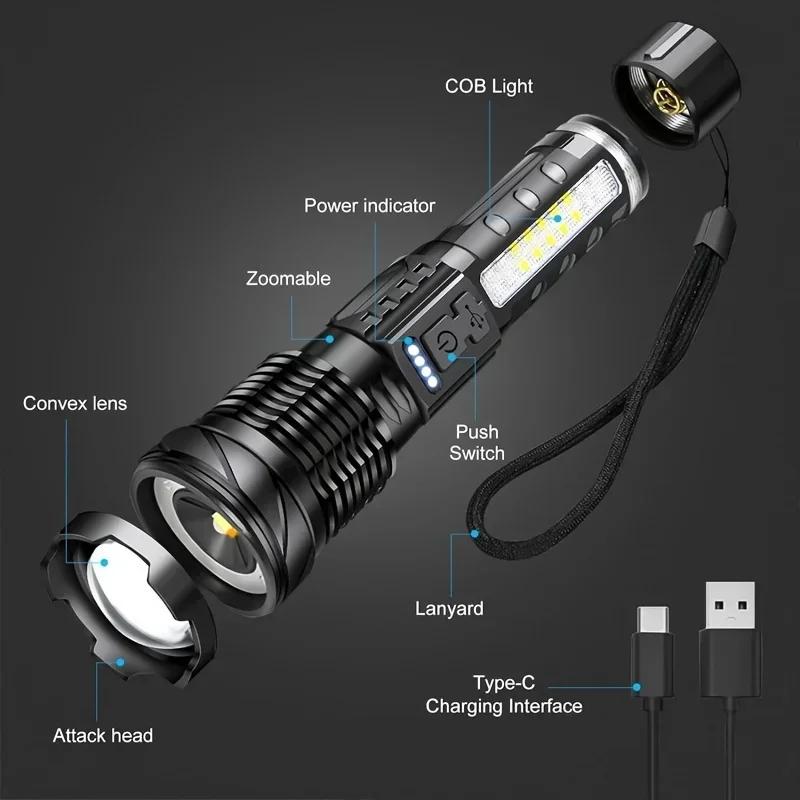 XHP50 LED Rechargeable Flashlight Zoomable Waterproof Torch with Side Light and Built-in Battery for Camping Hiking Fishing Outdoor