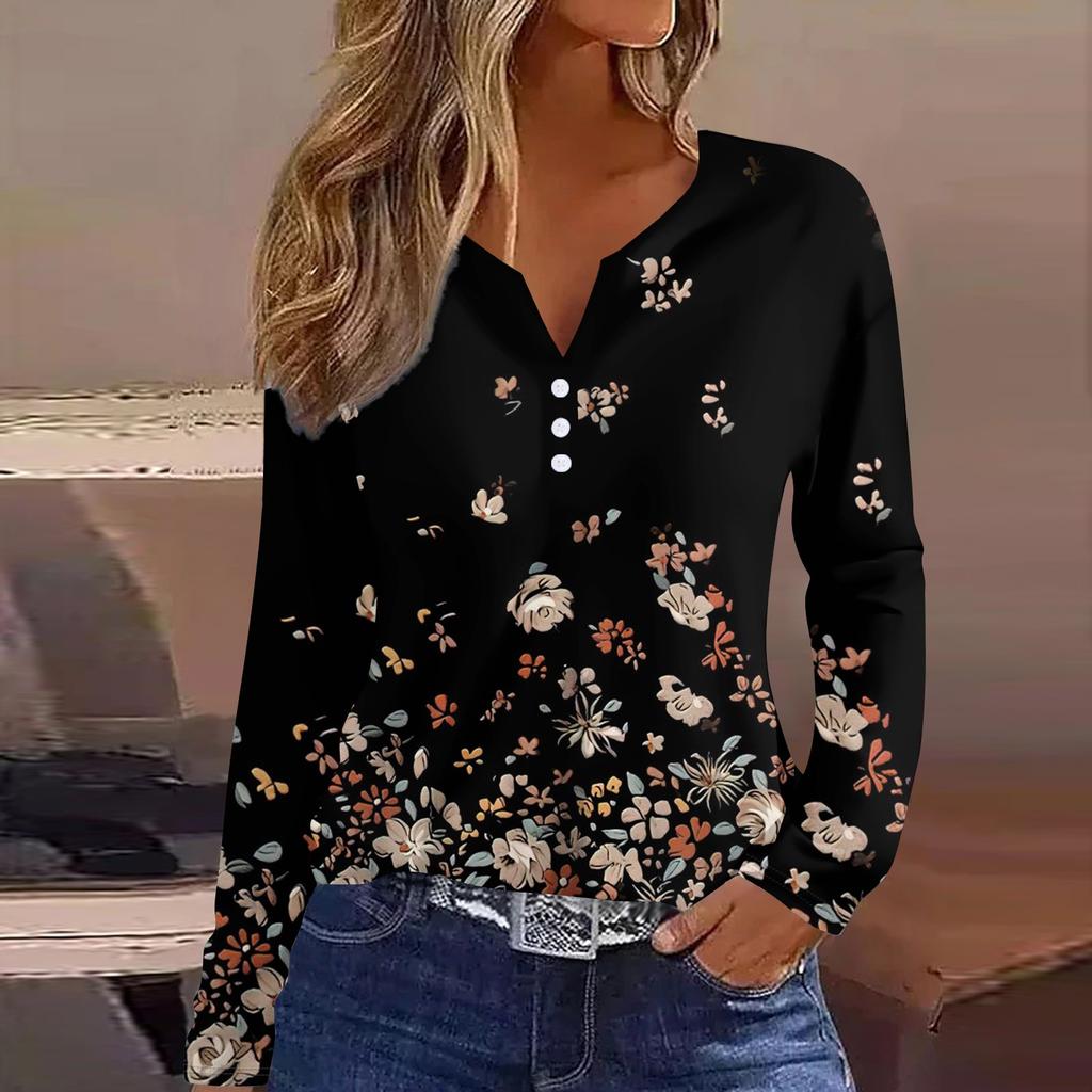 Женская модная повседневная футболка с v-образным вырезом и длинным рукавом с принтом, топ на пуговицах
