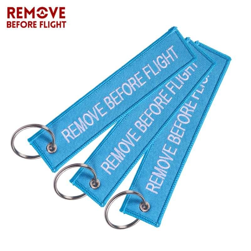 Remove Before Flight 3pcs/set Sky Blue Embroidery Key Fobs Chains Keychains Aviation Gifts
