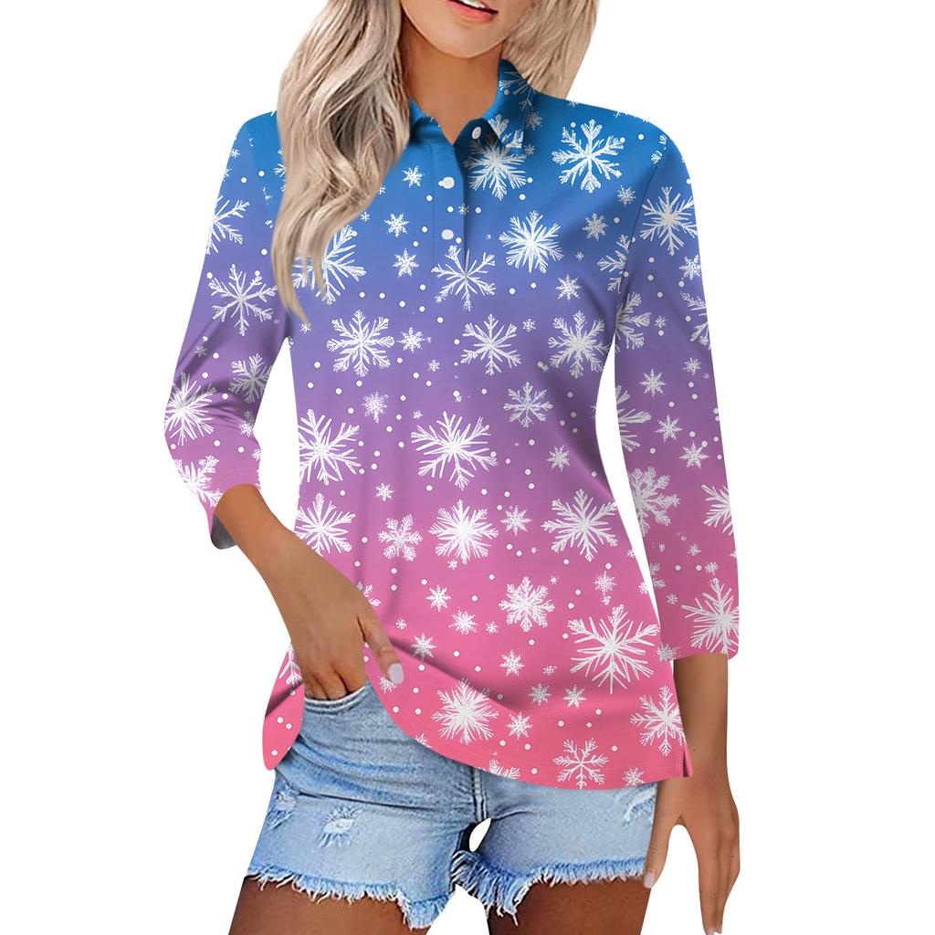 Women's Fashion Casual Lapel Short 3/4 Sleeve Christmas Print Shirt Women's Button Up Tops